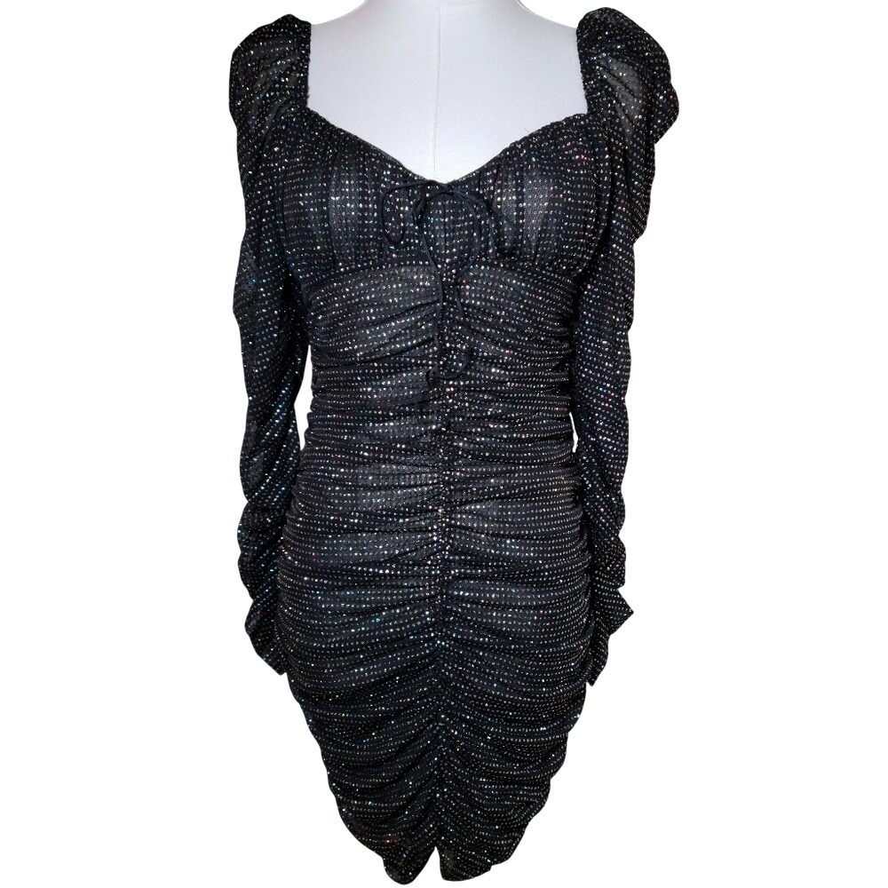 For Love & Lemons Black Glitter Ruched Glam Mini Dress Small NYE Holiday Sparkle - Picture 2 of 12